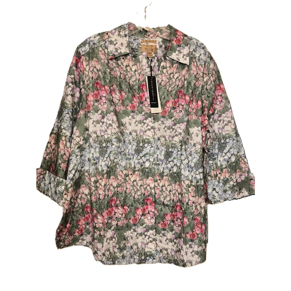 TAYLOR Investments Gold Label 18W Top Button Up No Iron Floral 3/4 Sleeve NWT